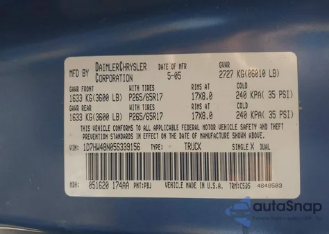 2005 Dodge Dakota Slt z USA, uszkodzony, nr VIN 1D7HW48N05S339156